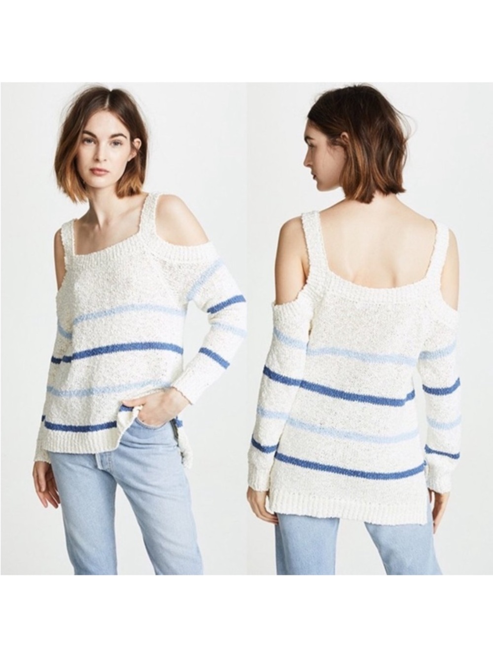 Coastal Striped Sweater Cold Shoulder Cutout Blue White Beachy Oversized Size L